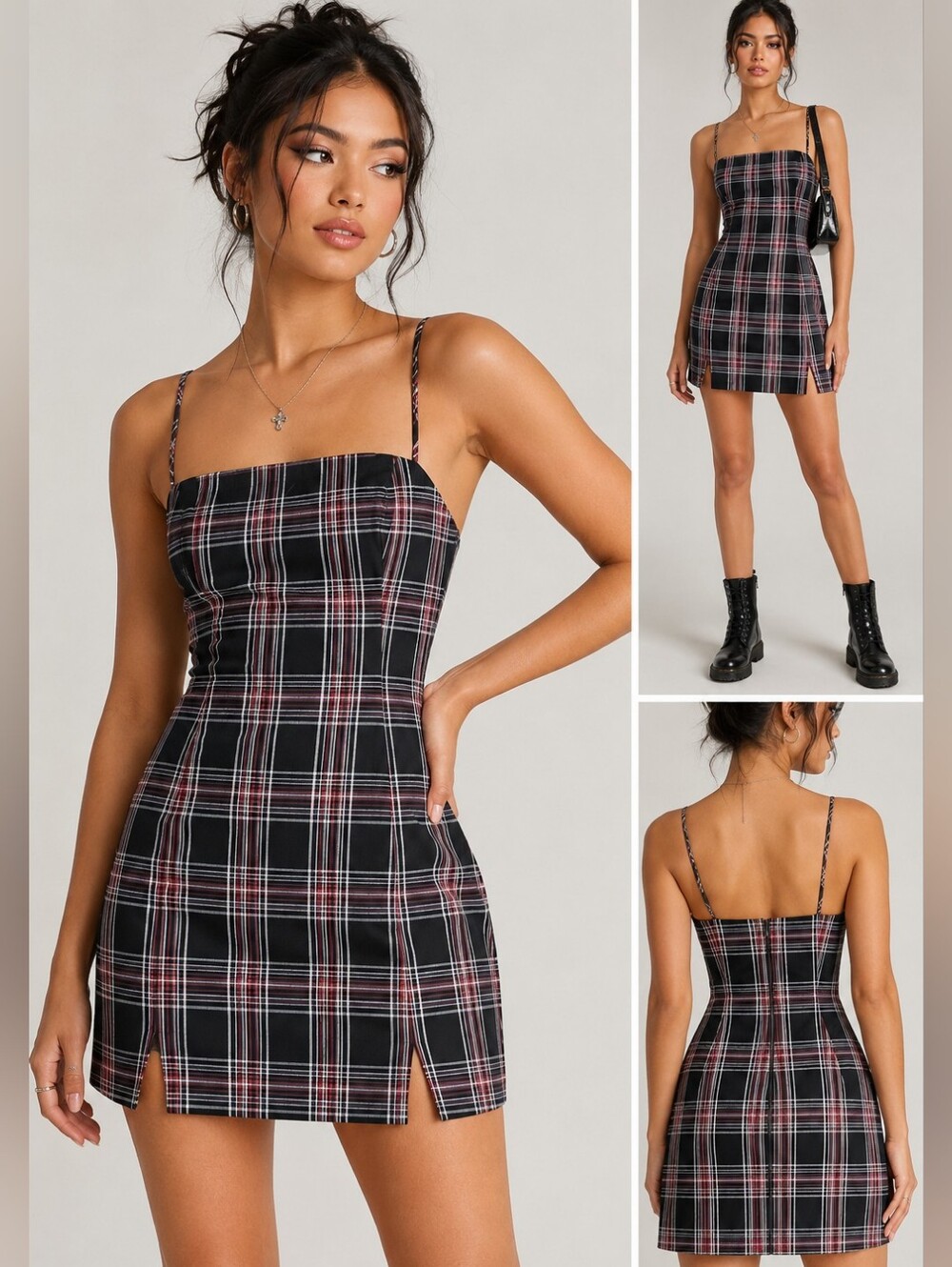 Forever 21 Plaid Mini Dress Size M Black Multicolor Spaghetti Strap Back Zip